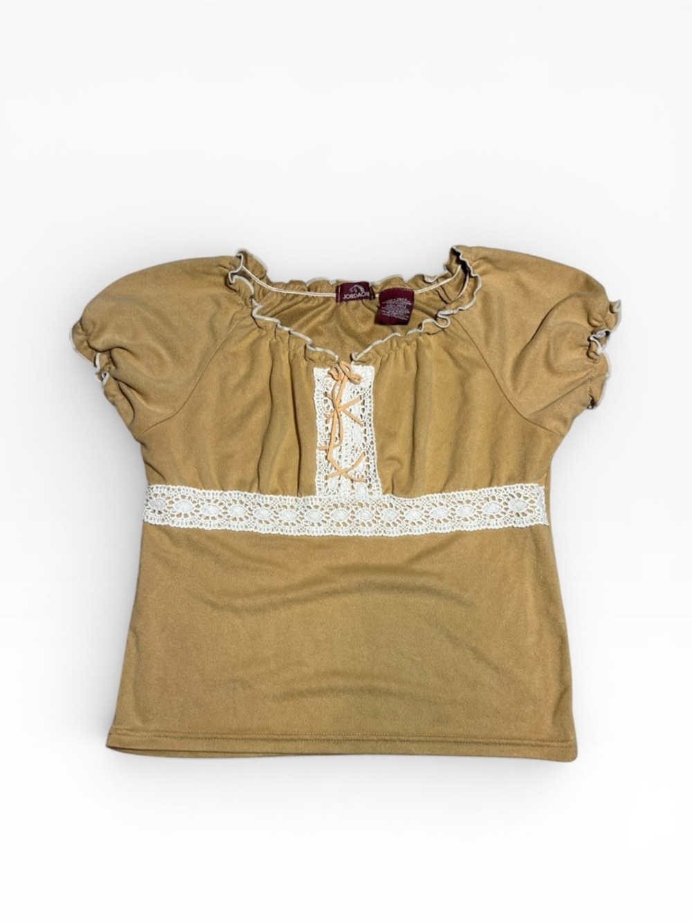 Jordache Tan Lace-Trim Western Boho Puff Sleeve Top Girl’s 10/12 - Women’s XS